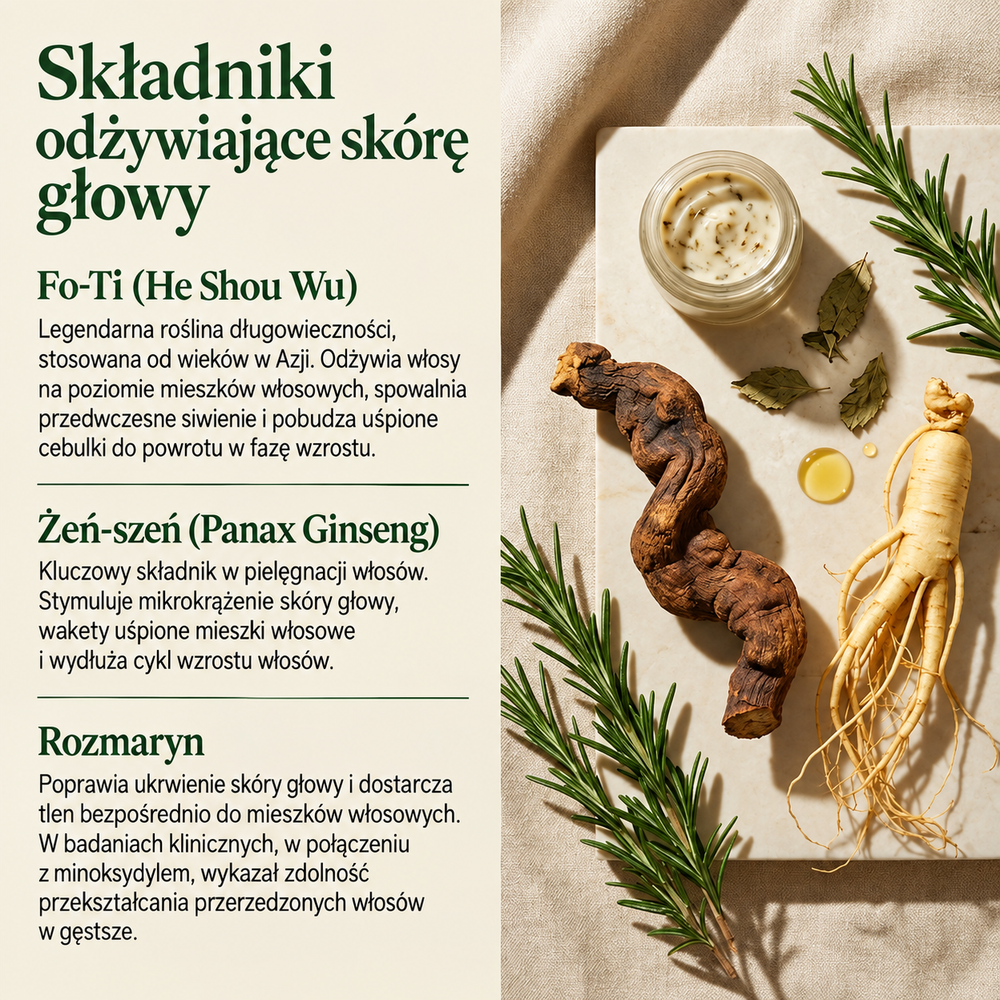 Składniki odżywiające skórę głowy — Fo-Ti (He Shou Wu), żeń-szeń Panax i rozmaryn